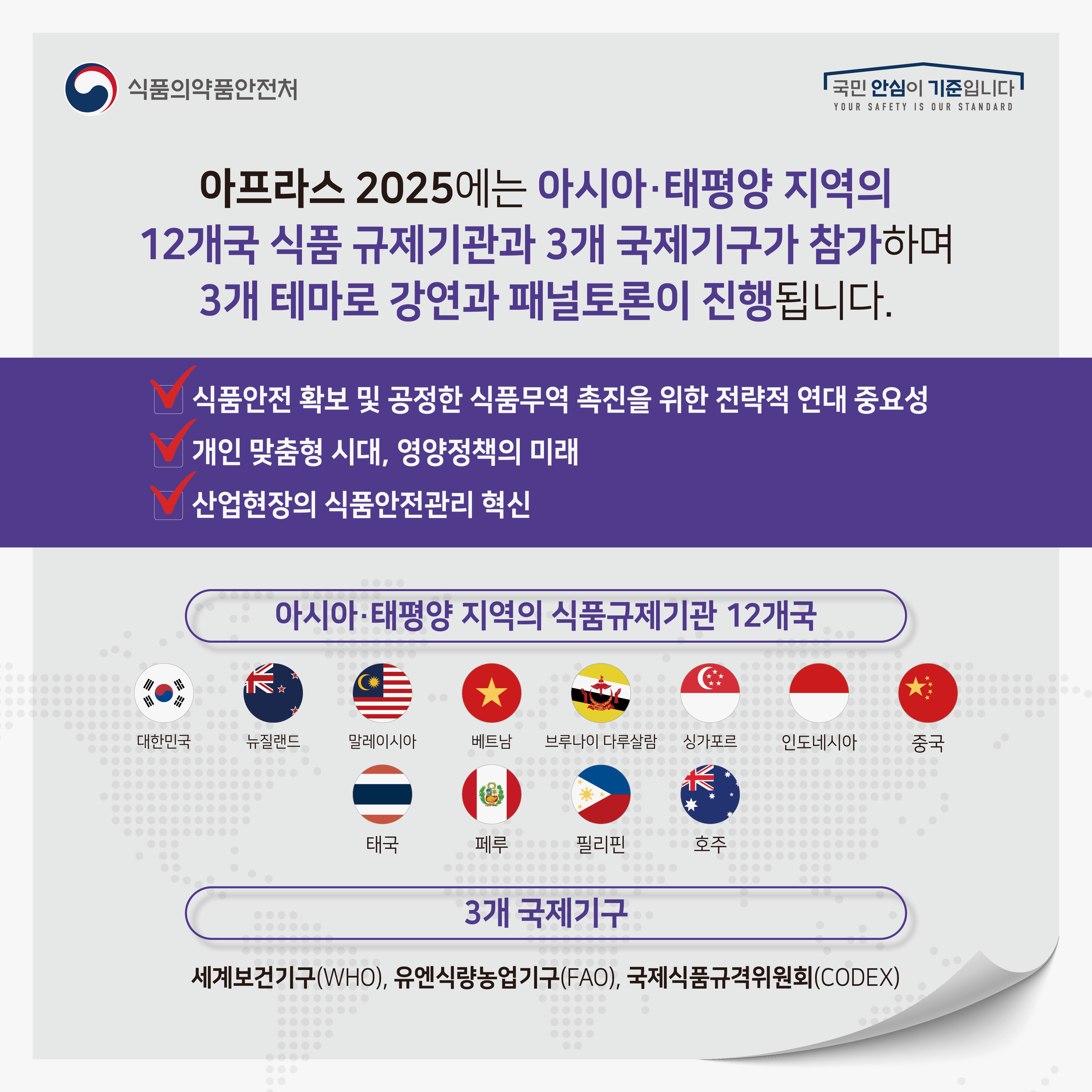 식품의약품안전처 국민 안심이 기준입니다. YOUR SAFETY IS OUR STANDARD 아프라스 2025에는 아시아·태평양 지역의 12개국 식품 규제기관과 3개 국제기구가 참가하며 3개 테마로 강연과 패널토론이 진행됩니다. 식품안전 확보 및 공정한 식품무역 촉진을 위한 전략적 연대 중요성 개인 맞춤형 시대, 영양정책의 미래 산업현장의 식품안전관리 혁신 아시아·태평양 지역의 식품규제기관 12개국 대한민국, 뉴질랜드, 말레이시아, 베트남, 브루나이 다루살람, 싱가포르, 인도네시아, 중국, 태국, 페루, 필리핀, 호주 3개 국제기구, 세계보건기구(WHO), 유엔식량농업기구(FAO), 국제식품규격위원회(CODEX)