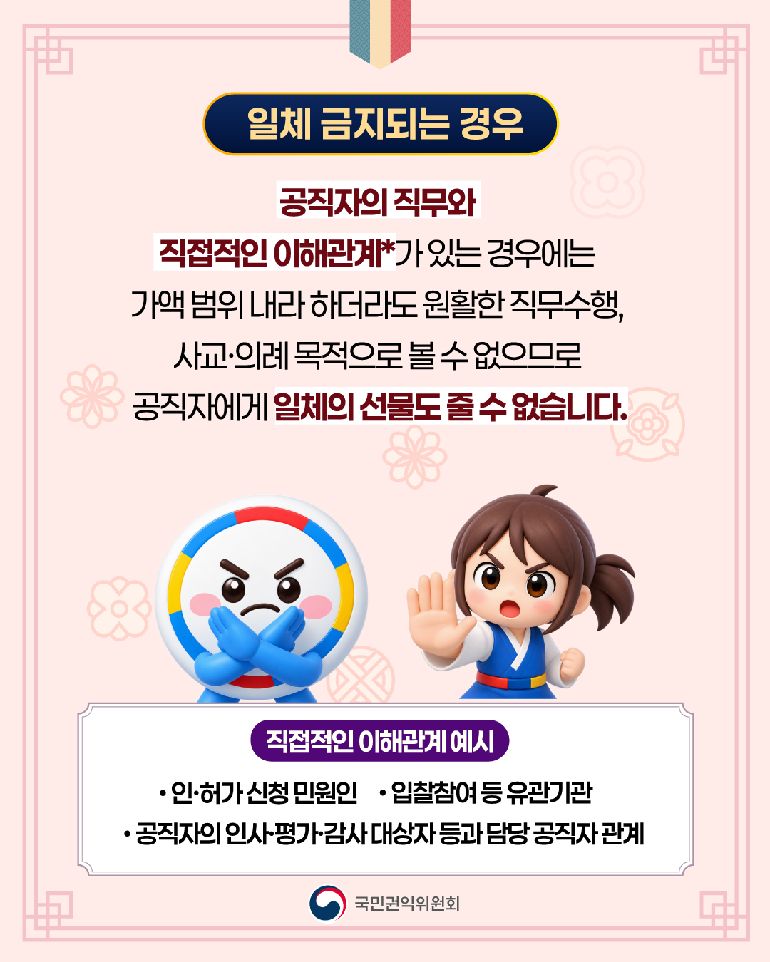 ■ 일체 금지되는 경우 공직자의 직무와 직접적인 이해관계*가 있는 경우에는 가액 범위 내라 하더라도 원활한 직무수행, 사교·의례 목적으로 볼 수 없으므로 공직자에게 일체의 선물도 줄 수 없습니다. (직접적인 이해관계 예시) · 인·허가 신청 민원인 · 입찰참여 등 유관기관 · 공직자의 인사·평가·감사 대상자 등과 담당 공직자 관계