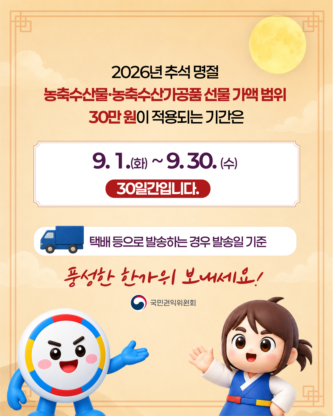 2026년 추석 명절 농축수산물·농축수산가공품 선물 가액 범위 30만 원이 적용되는 기간은 9.1.(화) ~ 9.30.(수) 30일간입니다. - 택배 등으로 발송하는 경우 발송일 기준  풍성한 한가위 보내세요!