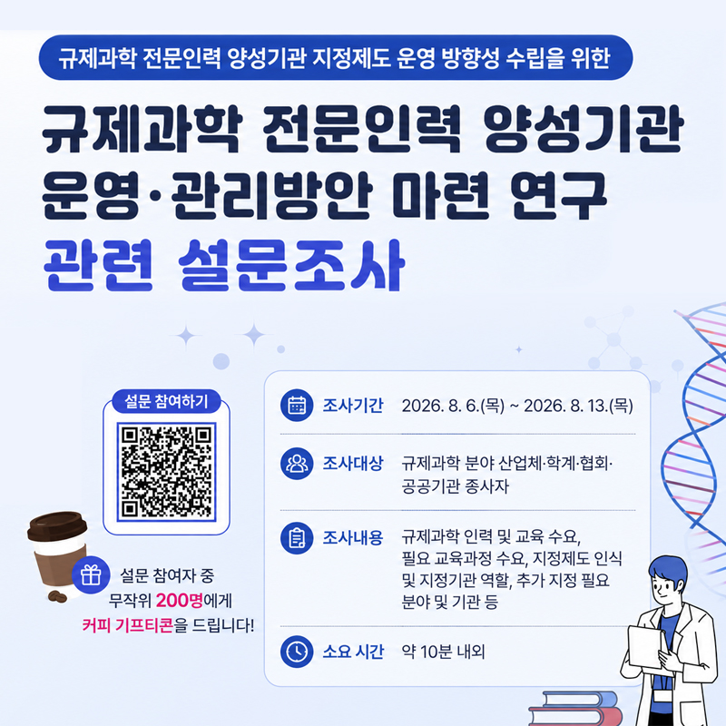 규제과학 전문인력 양성기관 지정제도 운영 방향성 수립을 위한 규제과학 전문인력 양성기관 운영·관리방안 마련 연구 관련 설문조사 ○ 조사기간: 2026.8.6.(목) ~ 2026. 8. 13.(목) ○ 조사대상 규제과학 분야 산업체·학계·협회· 공공기관 종사자 ○ 조사내용 규제과학 인력 및 교육 수요, 필요 교육과정 수요, 지정제도 인식 및 지정기관 역할, 추가 지정 필요 분야 및 기관 등 ○ 소요시간: 약 10분 내외 설문 참여하기 QR코드 ※ 설문 참여자 중 무작위 200명에게 커피 기프티콘을 드립니다!